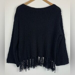 Altar'd State Sweater Black Ribbed Knit Crew Neck‎ Tassel Fringe Detail Size S